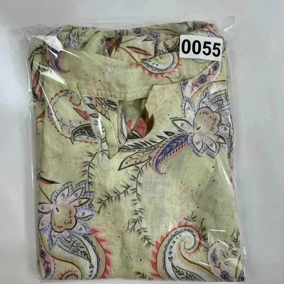 J Jill Love Linen Blouse Yellow Paisley Pattern Split Neck 3/4 Sleeve Size med - Picture 14 of 14